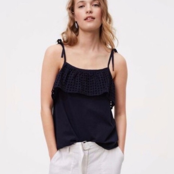 Loft eyelet flounce off cold shoulder top navy small petite - Picture 1 of 4